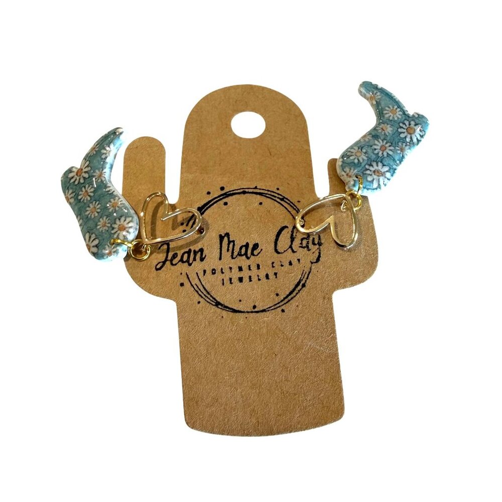 Cowgirl Boot Earrings Heart Studs New Jean Mae Clay Blue Daisy Polymer Clay - Picture 3 of 4